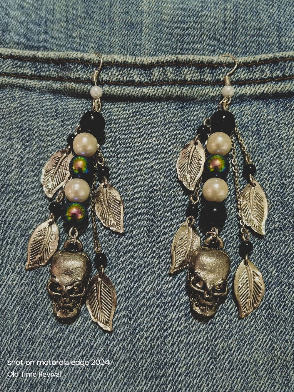 Gothic Skull Leaf Dangle Earrings Handmade Upcycled Artisan Jewelry Silver Toned